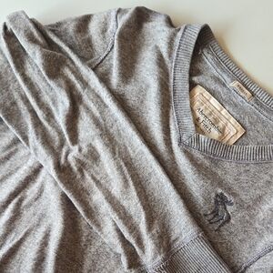 Y2k Abercrombie & Fitch Men's Large V-Neck Sweater Gray Moose Logo Long Sleeve